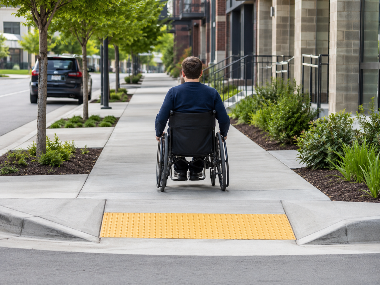 Person in wheelchair usig ADA compliant sidewalk