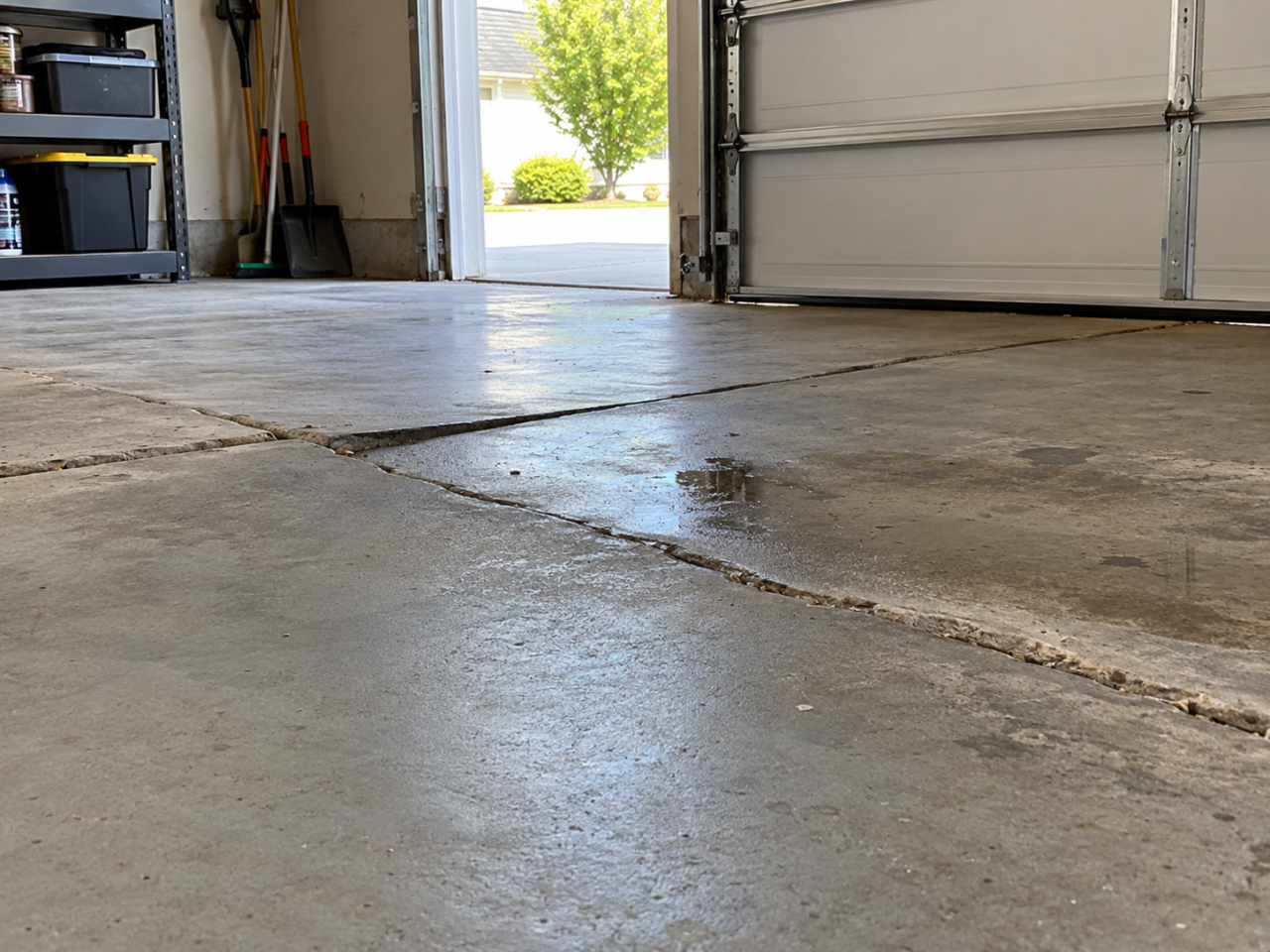Garage floor before concrete leveling